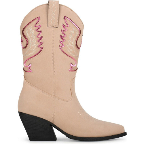 POSH by Poelman BIBI - Enkellaarzen - Cowboy stijl met ritssluiting - Beige met metallic roze