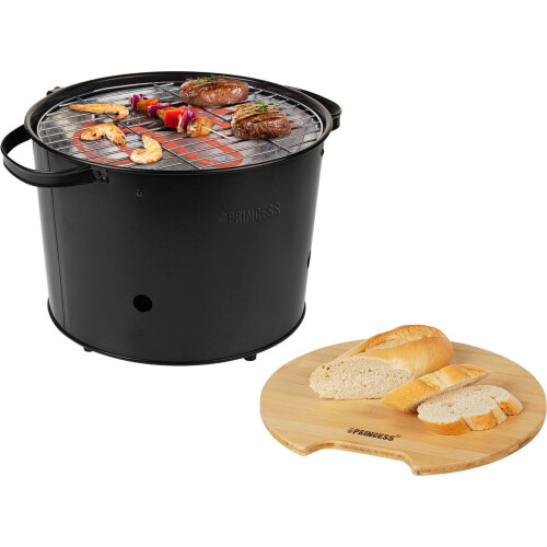 Princess 112240 - Hybride Bucket Barbecue - Elektrisch en houtskool - 1400W - Diameter 32cm - Bamboe snijplank - Zwart