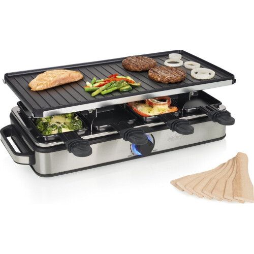 Princess 162645 - Raclette 8 Personen - 1400W - Omkeerbare Bakplaat - 2 meter Snoer - RVS