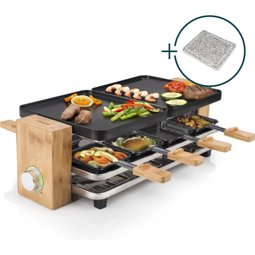 Princess 162955 - Raclette en Steengrill Pure 8 - 2 omkeerbare platen - 1300W - Bamboe (8 pannetjes) Tweedehands
