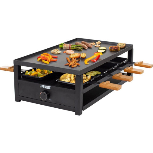Princess Gourmetstel 162655 - Black Steel Raclette - Grill&Bakplaat - 8 personen - Groot 44 x 25cm - Zwart met bamboe - Regelbare thermostaat - 1300W - 1,5 meter snoer - 8 pannetjes