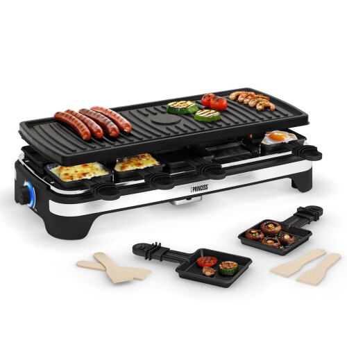 Princess Gourmetstel XL 162650 - Raclette 10 personen - Grill&Bakplaat 49x21cm - 1500W - Zwart (10 pannetjes)