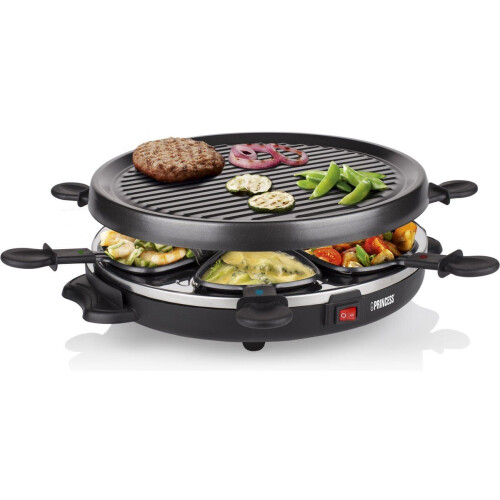 Princess Raclette Grill Party 162725 - Gourmetstel voor 6 personen - Ronde grillplaat 30 cm - Zwart