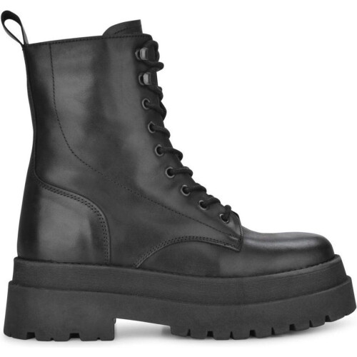 PS Poelman Korio - Leren Chunky Plateau Combat Veterlaarzen - Zwart - Dames - Maat 40