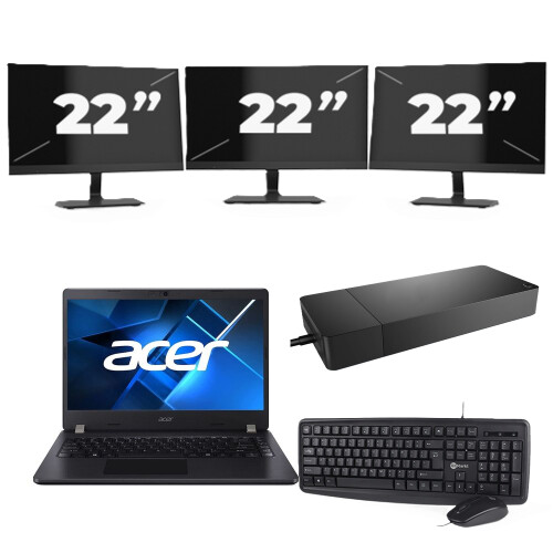 Refurbished Acer TravelMate P214-53 - Intel Core i3-11e Generatie - 14 inch - 16GB RAM - 256GB SSD - Windows 11 Home + 3x 22 inch Monitor Tweedehands