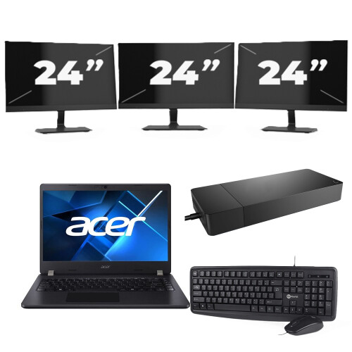 Refurbished Acer TravelMate P214-53 - Intel Core i3-11e Generatie - 14 inch - 8GB RAM - 256GB SSD - Windows 11 Home + 3x 24 inch Monitor Tweedehands