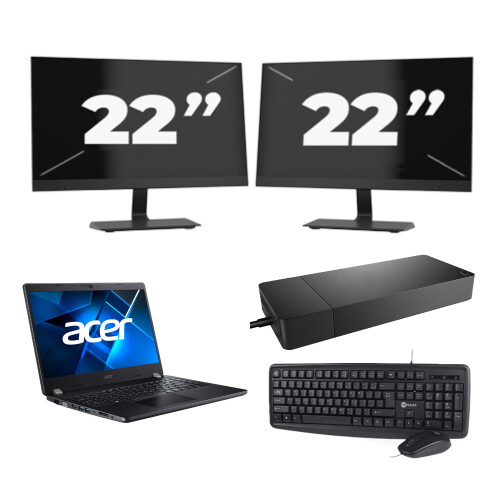 Refurbished Acer TravelMate P214-53 - Intel Core i5-11e Generatie - 14 inch - 8GB RAM - 256GB SSD - Windows 11 Home + 2x 22 inch Monitor Tweedehands