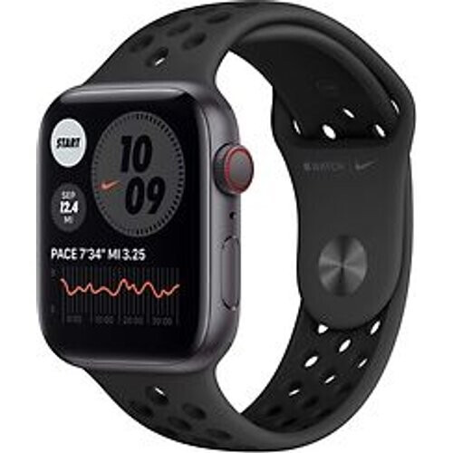 Refurbished Apple Watch Nike SE 44 mm kast van spacegrijs aluminium met grijs/zwart sportbandje van Nike [wifi + cellular] Tweedehands