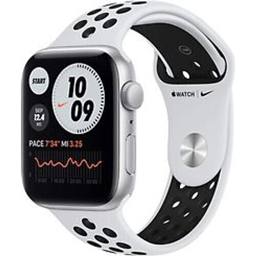 Refurbished Apple Watch Nike SE 44 mm kast van zilver aluminium met zilver/zwart sportbandje van Nike [wifi] Tweedehands