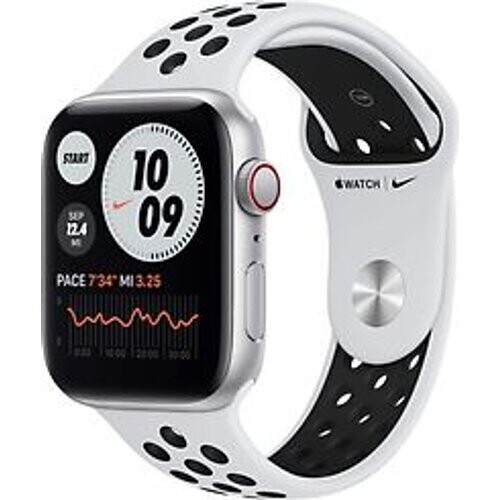 Refurbished Apple Watch Nike SE 44 mm kast van zilver aluminium met zilver/zwart sportbandje van Nike [wifi + cellular] Tweedehands