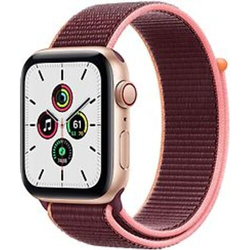 Refurbished Apple Watch SE 44 mm kast van goud aluminium met Sport Loop paars [wifi + cellular] Tweedehands