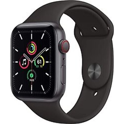 Refurbished Apple Watch SE 44 mm kast van spacegrijs aluminium met zwart sportbandje [wifi + cellular] Tweedehands