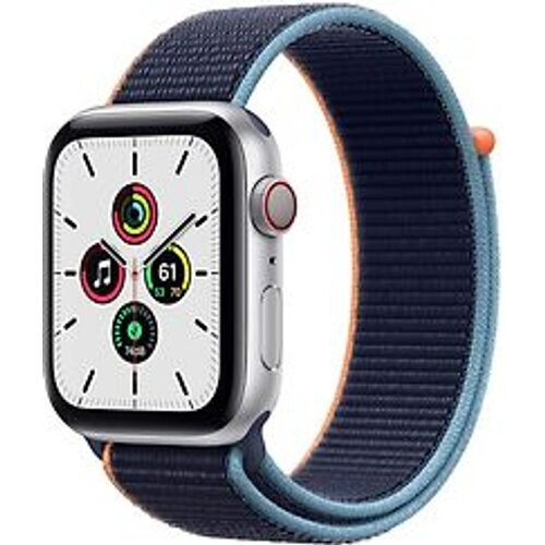 Refurbished Apple Watch SE 44 mm kast van zilver aluminium met Sport Loop blauw [wifi + cellular] Tweedehands
