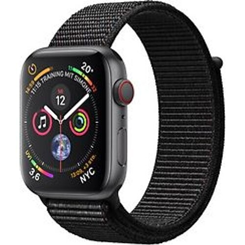 Refurbished Apple Watch Series 4 44 mm aluminium spacegrijs met geweven sportarmbandje [wifi + cellular] zwart Tweedehands