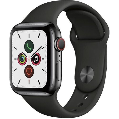 Refurbished Apple Watch Series 5 (2019) GPS + Cellular 40 mm - Roestvrij staal Spacezwart - Sportbandje Zwart Tweedehands