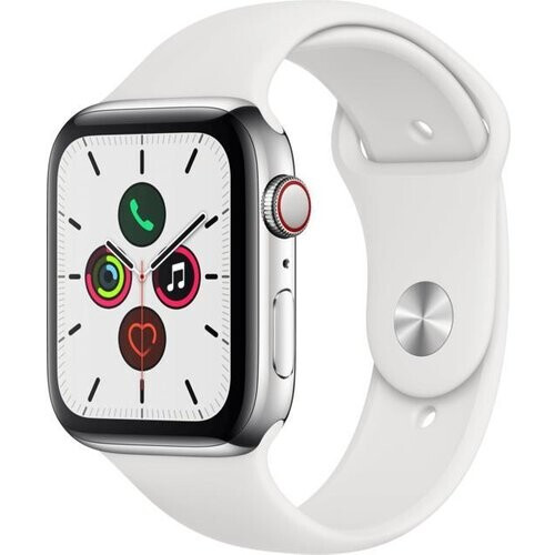 Refurbished Apple Watch Series 5 (2019) GPS + Cellular 44 mm - Aluminium Zilver - Sportbandje Wit Tweedehands