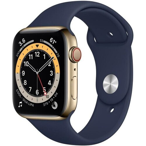 Refurbished Apple Watch Series 6 (2020) GPS + Cellular 44 mm - Roestvrij staal Goud - Sportbandje Blauw Tweedehands