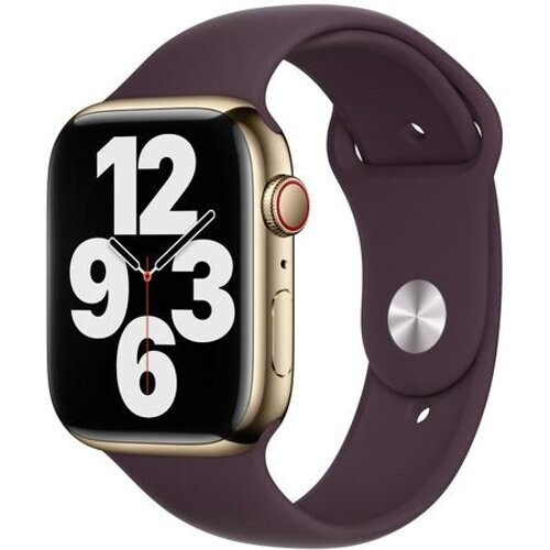 Refurbished Apple Watch Series 7 (2021) GPS + Cellular 45 mm - Roestvrij staal Goud - Sportbandje Paars Tweedehands