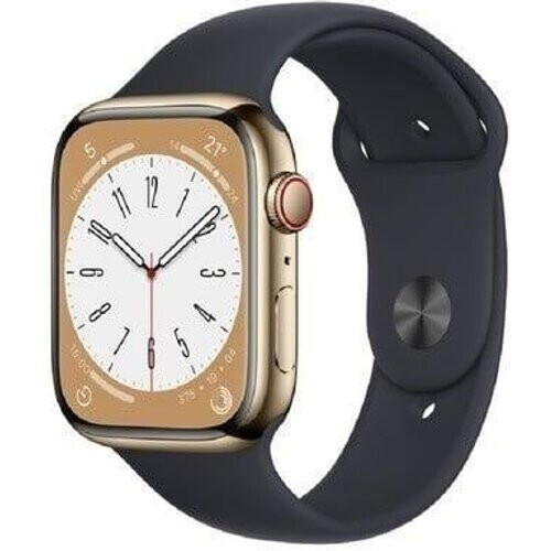 Refurbished Apple Watch (Series 8) 2022 GPS + Cellular 45 mm - Roestvrij staal Goud - Sportbandje Zwart Tweedehands