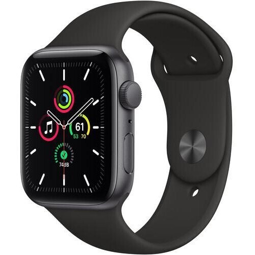 Refurbished Apple Watch Series SE 1 (2020) GPS 44 mm - Aluminium Spacegrijs - Sportbandje Zwart Tweedehands