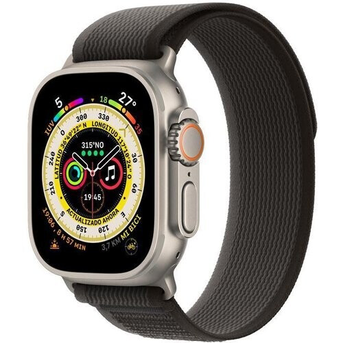 Refurbished Apple Watch Ultra (2022) GPS + Cellular 49 mm - Titanium Naturel titanium - Trail-bandje Zwart Tweedehands