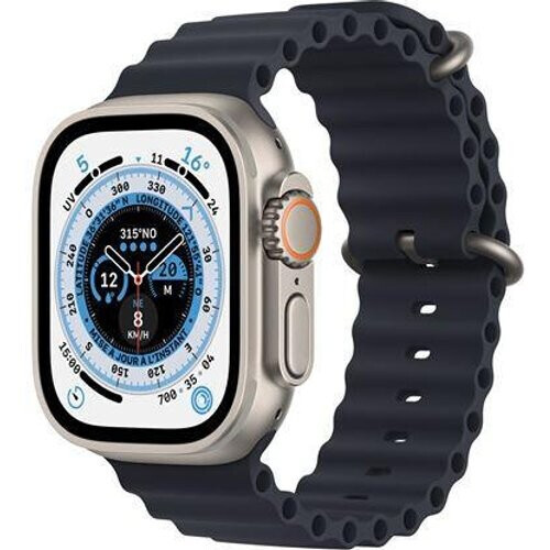 Refurbished Apple Watch Ultra (2022) GPS + Cellular 49 mm - Titanium Naturel titanium - Ocean-bandje Zwart Tweedehands