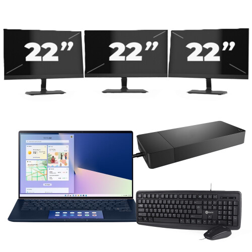 Refurbished Asus ZenBook 14 UX434 - Intel Core i5-10e Generatie - 14 inch - 8GB RAM - 256GB SSD - Windows 11 Home + 3x 22 inch Monitor Tweedehands