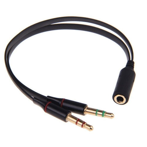 Refurbished Audio Jack 3.5mm Y-Splitter M/F, Stereo+Microfoon, platte kabel, zwart, oa iPhone/Samsung headset Tweedehands