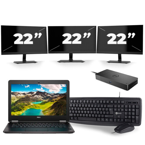 Refurbished Dell Latitude E7270 - Intel Core i5-6e Generatie - 12 inch - 8GB RAM - 256GB SSD - Windows 11 + 3x 22 inch Monitor Tweedehands