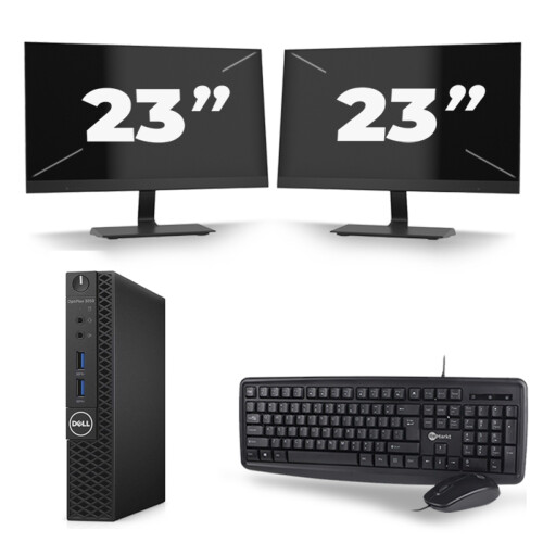 Refurbished Dell OptiPlex 3070 Micro USFF - Intel Core i3-9e Generatie - 8GB RAM - 256GB SSD - Windows 11 + 2x 23 inch Monitor