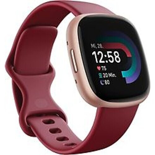 Refurbished Fitbit Versa 4 40 mm aluminium rosé koper met siliconen polsband rood [wifi] Tweedehands