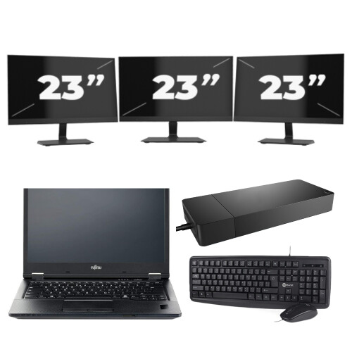 Refurbished Fujitsu LIFEBOOK E5410 - Intel Core i3-10e Generatie - 14 inch - 8GB RAM - 256GB SSD - Windows 11 Home + 3x 23 inch Monitor Tweedehands