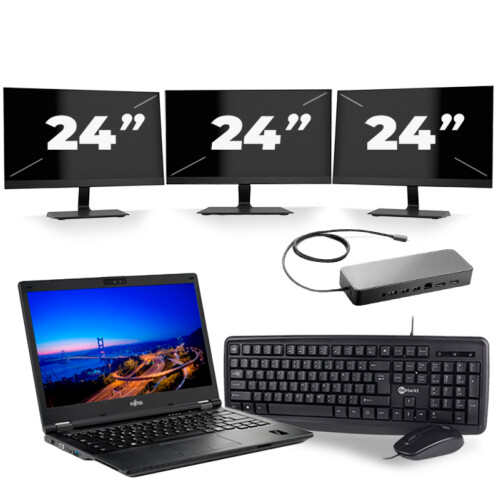 Refurbished Fujitsu Lifebook E549 - Intel Core i3-8e Generatie - 14 inch - 8GB RAM - 256GB SSD - Windows 11 Home + 3x 24 inch Monitor Tweedehands
