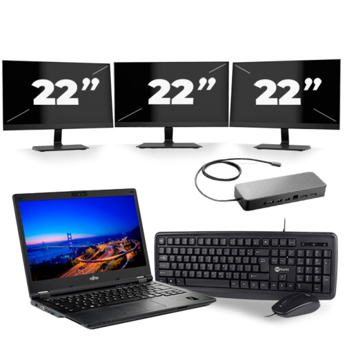 Refurbished Fujitsu LifeBook E549 - Intel Core i5-8e Generatie - 14 inch - 16GB RAM - 256GB SSD - Windows 11 + 3x 22 inch Monitor Tweedehands