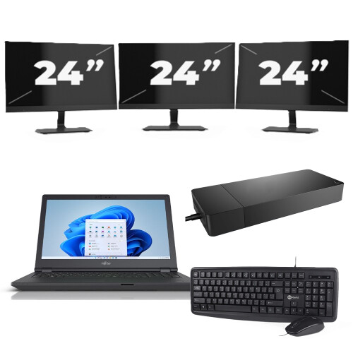 Refurbished Fujitsu Lifebook E5511 - Intel Core i7-11e Generatie - 15 inch - 8GB RAM - 256GB SSD - Windows 11 Home + 3x 24 inch Monitor Tweedehands