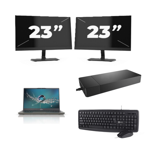 Refurbished Fujitsu Lifebook U7411 - Intel Core i5-11e Generatie - 14 inch - 8GB RAM - 256GB SSD - Windows 11 Home + 2x 23 inch Monitor Tweedehands