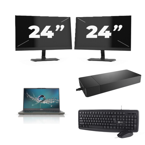 Refurbished Fujitsu Lifebook U7411 - Intel Core i5-11e Generatie - 14 inch - 8GB RAM - 256GB SSD - Windows 11 Home + 2x 24 inch Monitor