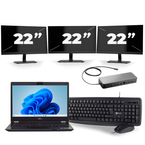 Refurbished Fujitsu LifeBook U749 - Intel Core i5-8e Generatie - 14 inch - 8GB RAM - 256GB SSD - Windows 11 + 3x 22 inch Monitor Tweedehands