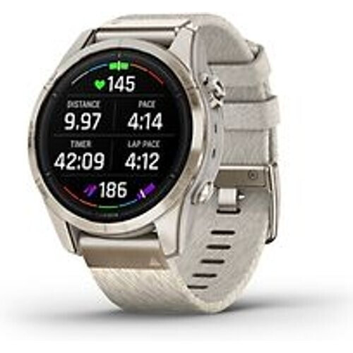 Refurbished Garmin Epix Pro (Gen 2) 42 mm beige/zachtgoud met crème QuickFit nylon band [wifi, Sapphire] Tweedehands
