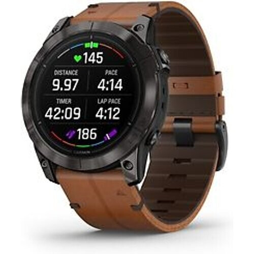 Refurbished Garmin Epix Pro (Gen 2) 51 mm zwart/carbon grijs Titan DLC met bruine QuickFit leren band [wifi, Sapphire] Tweedehands