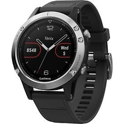 Refurbished Garmin Fenix 5 47 mm zilver met siliconebandje zwart Tweedehands