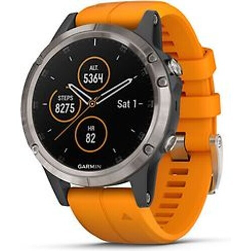 Refurbished Garmin Fenix 5 Plus 47 mm titan met siliconen armband oranje [wifi, Saphir editie] Tweedehands