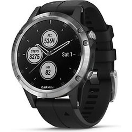 Refurbished Garmin Fenix 5 Plus 47 mm zilver met siliconen armband zwart [wifi] Tweedehands