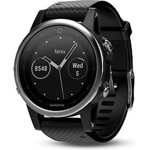 Refurbished Garmin Fenix 5S 42 mm zilver met siliconebandje zwart Tweedehands