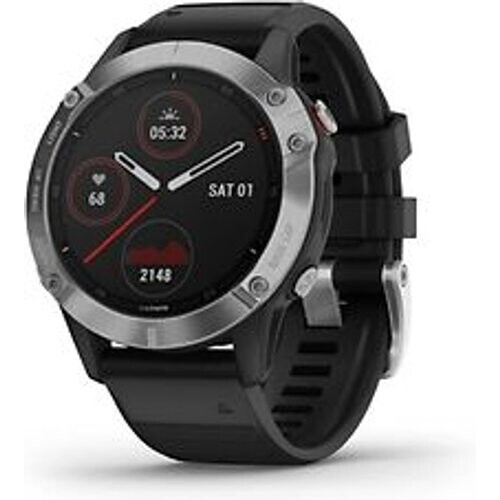 Refurbished Garmin Fenix 6 47 mm zilver met een zwarte siliconen polsband Tweedehands
