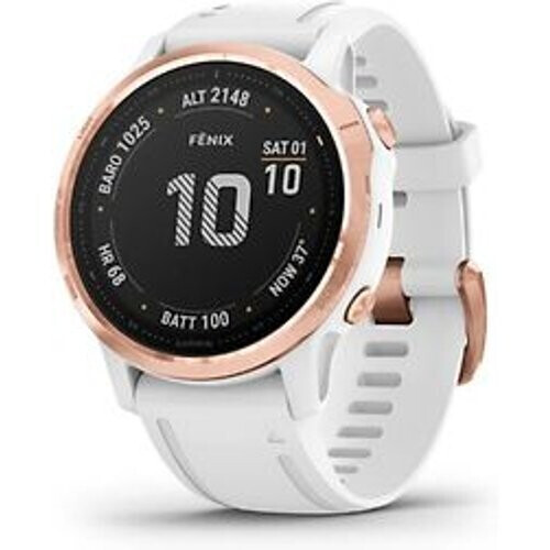 Refurbished Garmin Fenix 6S Pro 42 mm wit met een witte siliconen polsband Tweedehands