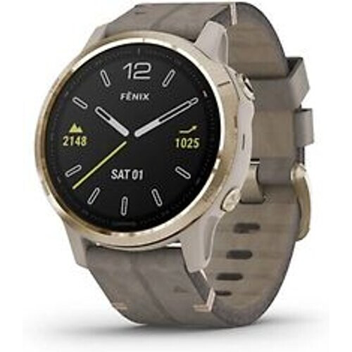 Refurbished Garmin Fenix 6S Sapphire 42 mm beige met een grijze velours polsband Tweedehands