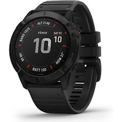 Refurbished Garmin Fenix 6X Pro 51 mm zwart met een zwarte siliconen polsband Tweedehands