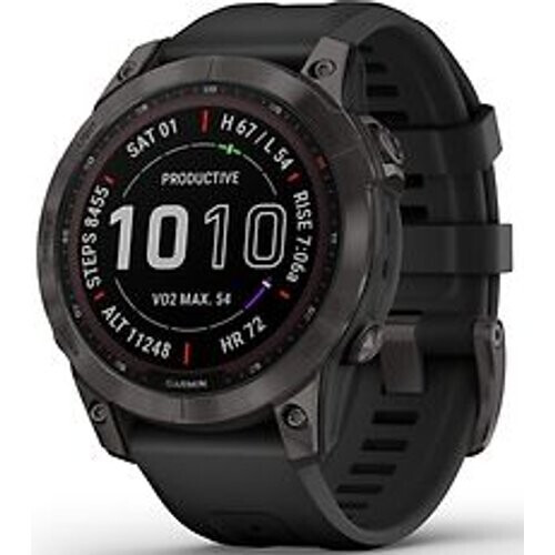 Refurbished Garmin Fenix 7 47 mm carbon grey DLC titanium met zwarte polsband [wifi, Sapphire Solar Edition] Tweedehands