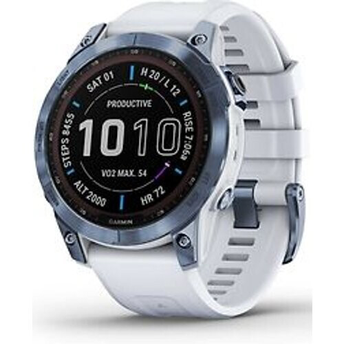 Refurbished Garmin Fenix 7 47 mm mineral blue DLC titanium met whitestone polsband [wifi, Sapphire Solar Edition] Tweedehands